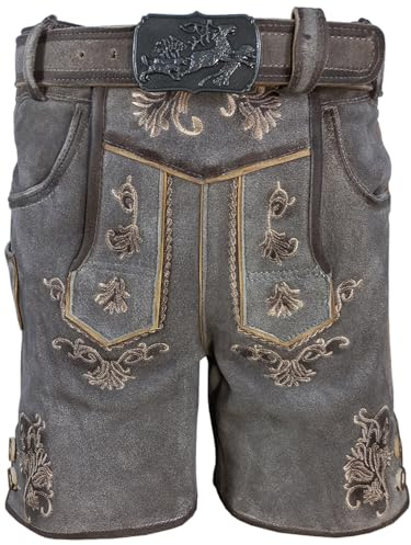 Alpenlife Kinder Trachten Lederhose kurz, wildbockleder, Weiches Veloursleder, Antik Smoke, Matteo (Gr.164, Antik Smoke mit Gürtel)