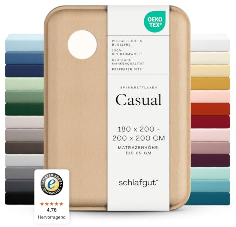 schlafgut Casual Spannbettlaken 180x200 cm 100% Bio-Baumwolle, Off-White | Bettlaken, Spannbetttuch 200x200 cm, Weiß, Jersey, Sommer, 150 g/m², bis 25 cm Steg, Made in Green