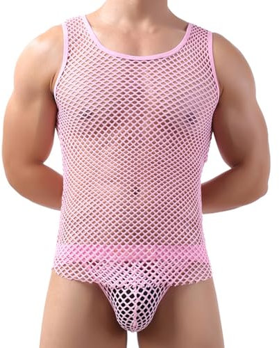 Camiseta Sin Mangas de Rejilla con Cuello Redondo Para Hombre Workout Gym Slim Fitted Muscle Tee Shirt(Rosa,L)