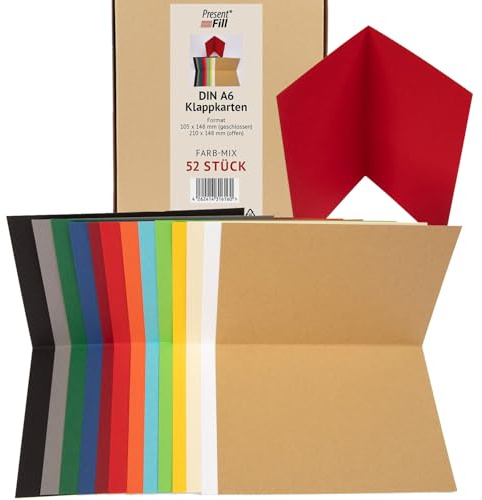 PresentFill Klappkarten blanko in Bunt - 26 Faltkarten A6, Klappkarte ideal zum Karten selbst gestalten, beschriften oder bedrucken - passend für C6 Umschläge