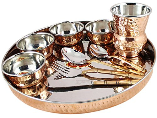 Royal Kurta Handicraft Indian Dinnerware Set Copper Stainless Steel Thali Plate Set, Diameter 12 Inch