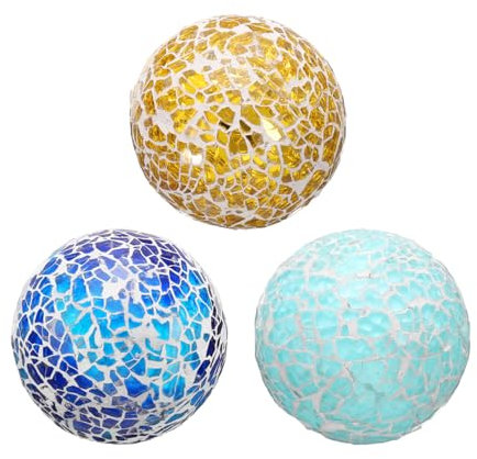 sourcing map 3 bolas de cristal decorativas de 2.36 pulgadas, esferas de centro de mesa, esferas de mosaico de vidrio para decoración, cuencos, jarrones, mesa de comedor, fiesta, tono dorado, azul,