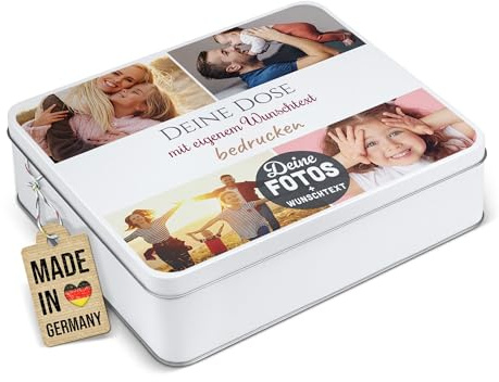 Print Royal PR Geschenkdose selbst gestalten mit 4 Fotos & 3 Zeilen Text - Blechdose bedrucken, Personalisierte Keksdose - Muttertagsgeschenk, Geburtstag, Weihnachten | Rechteckig weiß, 1500 ml