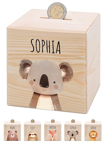 Bärenfreunde® - Personalisierte Spardose Kinder aus Holz mit Metallschloss - Spardose mit Namen mit kinderfreundlichem UV-Druck zum Sparen für Kinderträume (Koala)