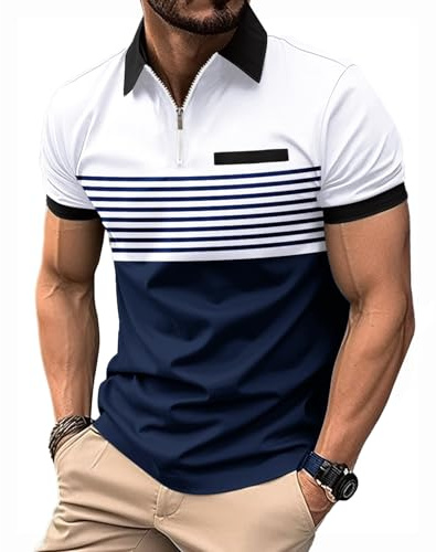NLAND Poloshirt Herren Kurzarm Polo Streifen Golf Shirt Tshirts Männer Polohemd Muscle Fit Tops mit Fake-Brusttasche Golfen Tennis,Weiß XXL