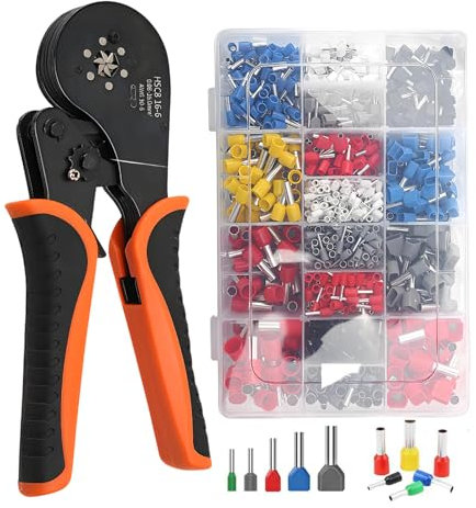 Yolispa Juego de alicates para terminales, crimpadora 0,08 – 16 mm², juego con 1200 unidades de casquillos dobles y de una sola línea, crimpadora hexagonal, uso industrial para conectores de crimpado