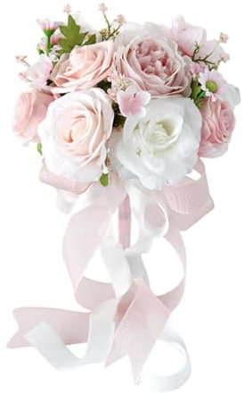 Harilla Hochzeit Brautstrauß Künstliche Blumen Braut Blumen Hochzeitsstrauß für Zeremonie im Freien Valentinstag im Freien, Rosa Weiß