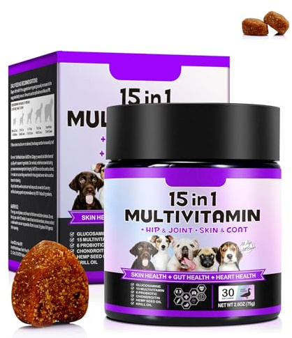 JCZQDRPC Golosinas multivitamínicas 15 en 1 para perros, 30 masticables, suplementos vitamínicos para perros, suplementos de cadera y articulaciones, sistema inmunológico, piel y pelaje, vitaminas