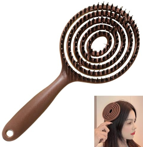 Smaoqingji Ekologisk hårborste, vildsvinsborst, rund – 1 styck, brun, Detangler borste med dubbel spiralfjäder, lämplig för alla hårtyper, oavsett om det är kvadratiskt, runt platt huvud, passar sig
