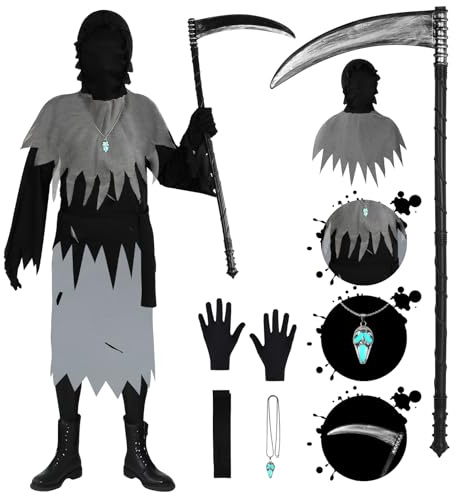 BSBUY Costume da Bambino da Morte, Mietitore Costume per Bambini di Halloween, 6PCS Spaventoso Morte Vestito, Vestiti Mietitore Pauroso, Bambini Scream Fantasma Vestito di Carnevale, Feste