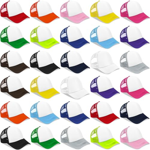 30 Stück Kinder Sublimations Kappe Set, DIY Mesh Blanko Trucker, 15 Farben | Mesh-Basecaps für Sublimationsdruck, DIY und kreative Bastelprojekte – geeignet für Outdoor, Sport und Gruppen