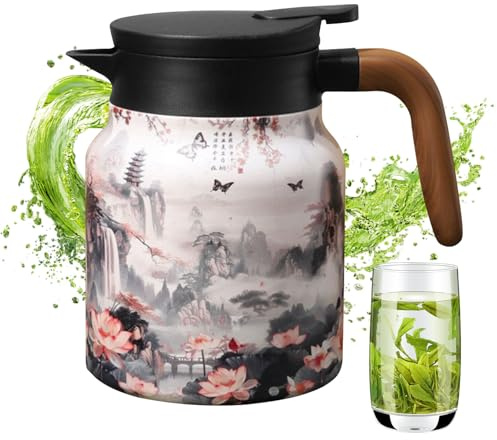 Woalopted Thermokanne Isolerkanne Mit Teesieb, Thermoskanne Mit Vintage Blumenmuster Vakuum, 1000 Ml Edelstahl Isolierte Isolierkanne Thermo Kaffeekanne, Praktische Edelstahl