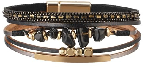 HUIANGLIYG Böhmische Lederwickelarmbänder Für Frauen, Manschettenarmbänder Aus Natürlichen Rohkristallperlen, Armreifen Aus Goldröhren, Handgefertigtes Mehrschichtiges Armband Mit Magnetverschluss