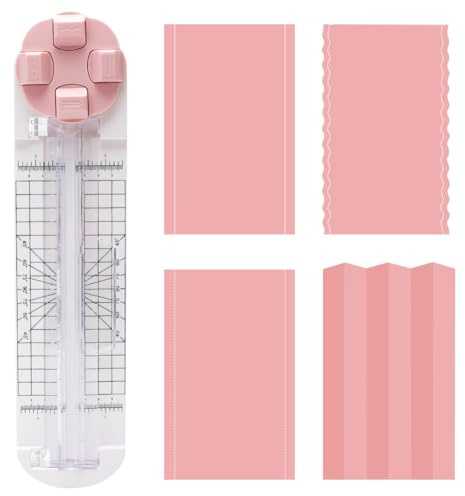 Pappersskärare, 4-i-1 skärmaskin, pappersfräs, högsta precision, med raka, vågiga, målade linjer, viklinjer, för pysselpapper, vykort, klippbok och gör-det-själv (rosa)