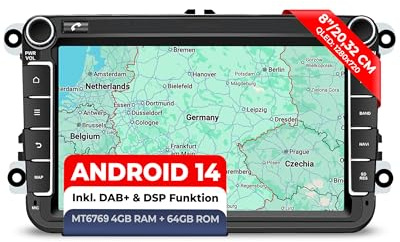 M.I.C. AV8V7-L3 Android 14 Autoradio mit navi: MediaTek MT6769V 4G+64G;8 QLED Display;4G SIM,Carplay,Android Auto,DAB+,Bluetooth 5,WiFi,GPS: Ersatz für VW Golf T5 Touran Passat RNS RCD,Skoda,SEAT
