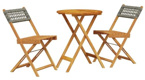XHNIFBN 3-TLG. Bistro-Set aus Akazienholz Massiv und Poly Rattan, Gartenmöbel-Set mit Rundem Klapptisch Ø 60 cm und 2 Klappstühlen, Platzsparendes Balkonmöbel für Garten und Terrasse, Grau