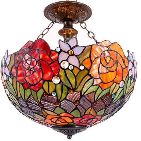 WERFACTORY Tiffany Ceiling Light Fixture Red Yellow Rose Stained Glass Semi Flush Mount Lamp Wide 16 Inch Height 15 Inch Tiffany Ceiling Lamp S001 Series