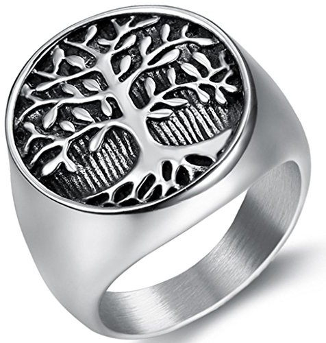 Jude Jewelers Stainless Steel Tree of Life Round Signet Ring (Silver, 9)