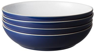 Denby - Elements Dark Blue Pasta Bowls Set of 4 - Dishwasher Microwave Safe Crockery 1050ml 22cm - Navy Blue, White Ceramic Stoneware Tableware - Chip & Crack Resistant