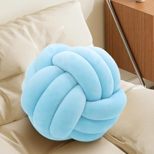 Knot Pillow Ball, Fluffy Handmade Decorative Throw Pillow, Soft Round Knotted Cushion for Couch & Bedroom, Cute Home Decor Ball Pillow for Living Room (13.8 Inches, Sky Blue)