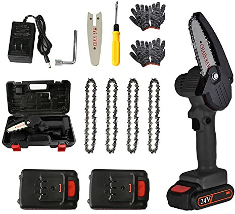 4 Inch 24V Rechargeable Mini Chainsaw Set with Spare Chains Batteries Gloves, Cordless Chain Saw, Portable Handheld Electric Chainsaw for Wood Cutting, Tree Pruning and Garden (Black)