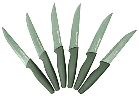 Granitestone Juego de 6 cuchillos para bistec, cuchillos para bistec serrados, aptos para lavavajillas, cuchillos para bistec, juego de cuchillos para bistec de acero inoxidable, verde