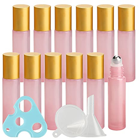 TIANZD 12 Pcs, 10ml Empty Pink Glass Essential Oil Roller Bottles with Gold Screw Cap Stainless Steel Rollerball Roll on Bottles Bottle for Essential Oil Perfume, 1x Funnel 1x Opener