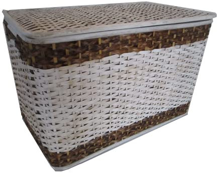 Baule Porta Biancheria in Vero Rattan e Foglie di Banano – Cesto Intrecciato con Fodera in Textilene – Contenitore Salvaspazio con Coperchio per Bagno, Camera e Lavanderia – 61x38x40 cm
