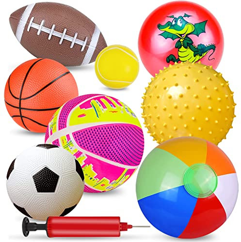 Set of 8 Sport Toy Ball for Toddler 1-3 with Basketball,Soccer, Beach Balls, Acanthosphere -Soft Balls for kids Boys Girls Indoor Outdoor Toy for Beach Playground Yard with Pump