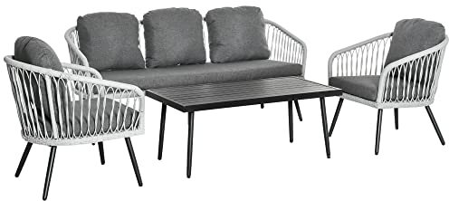 Outsunny Polyrattan Gartenmöbel Set 4-teiliges Rattensofa-Set Sitzgruppe Sitzgarnitur für Pause Lounge Teetisch mit Sofa Kissen Aluminium Grau