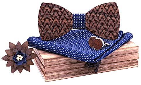 HZQIFEI Noeud Papillon Bois, Ensemble 4 Pièces Noeud Papillon en Bois + Carré de Poche + Broche en Bois à Fleurs + Boutons de manchette en Bois, Ajustable Facilement (C6, 4PCS)