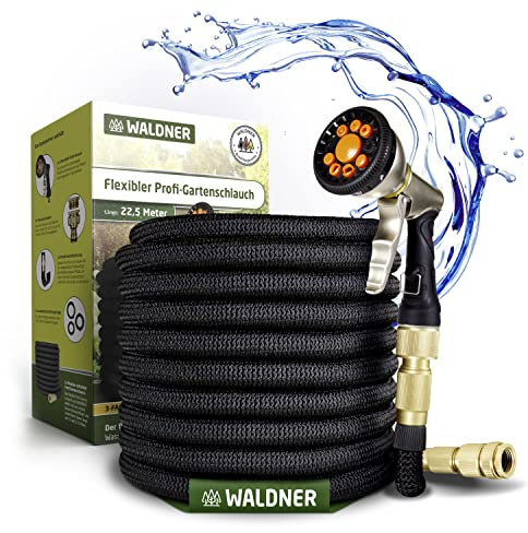WALDNER flexibler Profi-Gartenschlauch flexibel | Multifunktions-Brause | flex Wasserschlauch Schrumpfschlauch Garten | Wandhalterung Wasserhahn Adapter Gardena kompatibel | schwarz dehnbar 22,5m