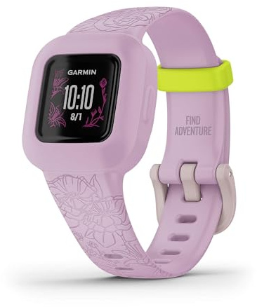 Garmin vivofit Jr.3 Fitness Tracker for Kids, Includes Interactive App Experience, Swim-Friendly, Up To 1-year Battery Life, Adjustable watch band, Lilac Floral (Renewed)