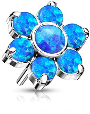 Paula & Fritz® Push-In Aufsatz Blume Synthetischer Opal Blau Titan-IUM Grade 23 Piercing 5-mm Groß Ohr-Stecker Labret Stud Nipple Straight Barbell
