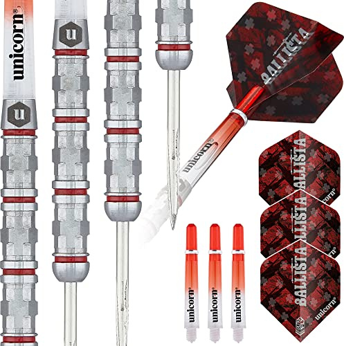 ‎Unicorn Dartpfeile Set | Ballista Style 4 | 90% natürliche Wolfram Barrels mit roten Akzenten & Volute Points | Stahlspitze | 24g