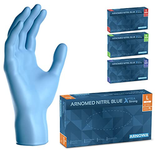 ARNOMED Guanti monouso blu extra forti, guanti in nitrile L, guanti nitrile spessorati 50%, 100 pezzi/scatola, guanti nitrile senza polvere, guanti monouso nitrile senza lattice, taglie S, M, L & XL