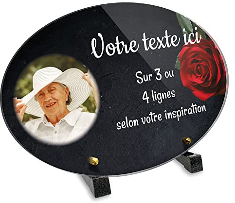 OCAP-FUNERAIRE.COM Grabschild, oval, mit Foto, personalisierbar, aus Plexiglas, Motiv rote Rose auf Schiefer, verschiedene Größen, Dicke 6 mm, personalisierbar auf mehrere Linien, 30 x 20 cm