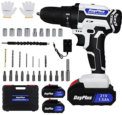 Cordless Power Drill Set Electric Screwdriver Drill Set with 2-Variable Speed, 25+1 Torque with Led Light,2×1.5Ah Batteries&Fast Charger,3/8 Keyless Chuck Driver Tool with 26PCS Drill Bits,1 Kitbox