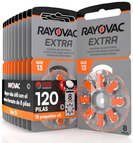 120 Hearing Aid Batteries Size 13. Rayovac Extra - 15 Blisters of 8 Batteries