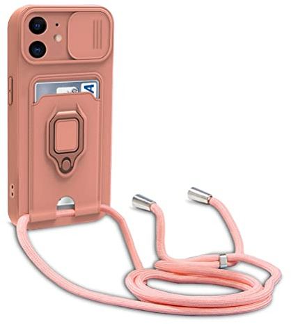 Dllatui Cover Compatibile con iPhone 11, Cover con Cordino Tracolla, Slidable Fotocamera Protezione Custodia,Supporto,Slot Schede, Silicone Case (Pink)