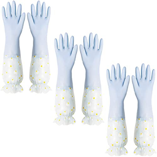 BAMFY 3 Pares Durable Largo Guantes Limpieza Cocina Guantes Fregar for Lavadero Y Tareas De Limpieza Guantes Domésticos (Color : Azul, Size : Ruffles)