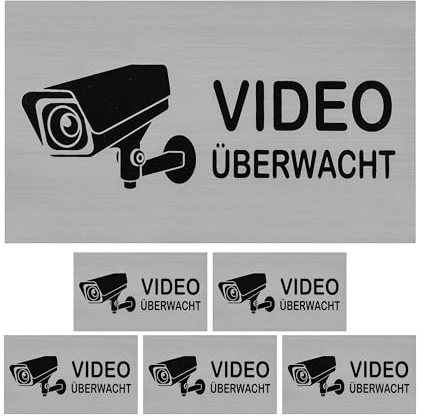 Aufkleber Set VIDEO überwacht, 6 Stück, 10 x 6 cm, selbstklebende Folie, Hinweissticker zum Kleben für Innen- und Außenbereich, Videokamera Überwachung Warnhinweis, Kamera Videoüberwacht Sticker