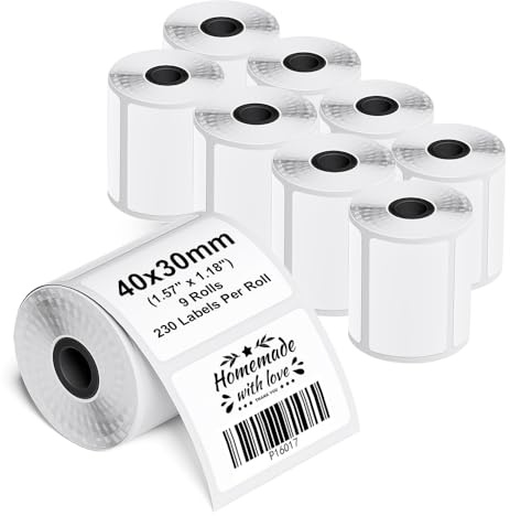 Phomemo 9 Rollen Selbstklebende Etiketten für M110/M220, 40x30mm, 2070 PCS | Phomemo Selbstklebende Thermodirekt Etiketten für Schule, Heim, Büro, Einzelhandel, für M110/M220/M221/M108/M250/M120, Weiß