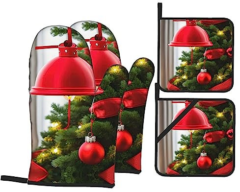 4-teiliges Set aus rutschfesten Fäustlingen & Grillhandschuhen, isolierten Ofenhandschuhen und Stoffhaltern, ideal zum Kochen und Backen - Weihnachtsbaum rot