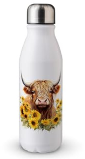 MAXIKIWI - Single Wall Water Drinking Bottle with Screw Cap, Non Insulated Lightweight Aluminium, BPA Free, Leak-Proof - Highland Cow with Sunflowers - 500ml