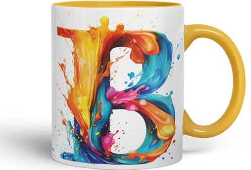 Vixar Letter B Mug, Alphabet Letter B Monogram Watercolour Ceramic Coloured Mug Cup for Tea Coffee Hot Brew 330ml 11Oz Gift (G Yellow)