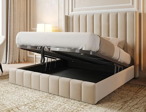 Furnishion Wingback Panel King Size Bed Frame with Storage - Cream Velvet Ottoman Bed King Size - Panel Storage Bed Mattress Not Included - 48inch High Headboard