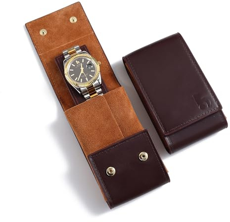 BUREI Leder Uhrenetui Tragbare Uhren Reisetasche Einzeluhr Reisetasche Uhrentasche Unterwegs Aufbewahrungstasche für Damen und Herren(Braun Orange)