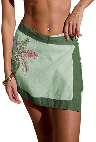 Huaqiao Women's Embroidered Wrap Mini Skirt Summer Cotton Linen Tie Side High Waist A Line Beach Boho Short Skirt(LightGreen-M)