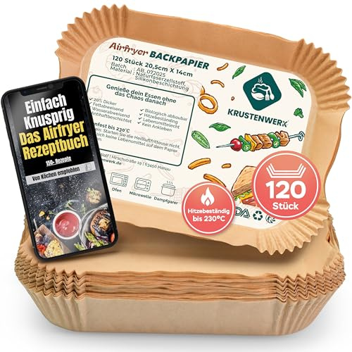 KRUSTENWERK® 120 Stück Backpapier für Heißluftfritteuse Ninja 20,5x14cm | Airfryer Backpapier für Ninja Double Stack XL & AF300EU AF400EU SL400EU und weiteren Dual Zone Air Fryer | FSC Siegel